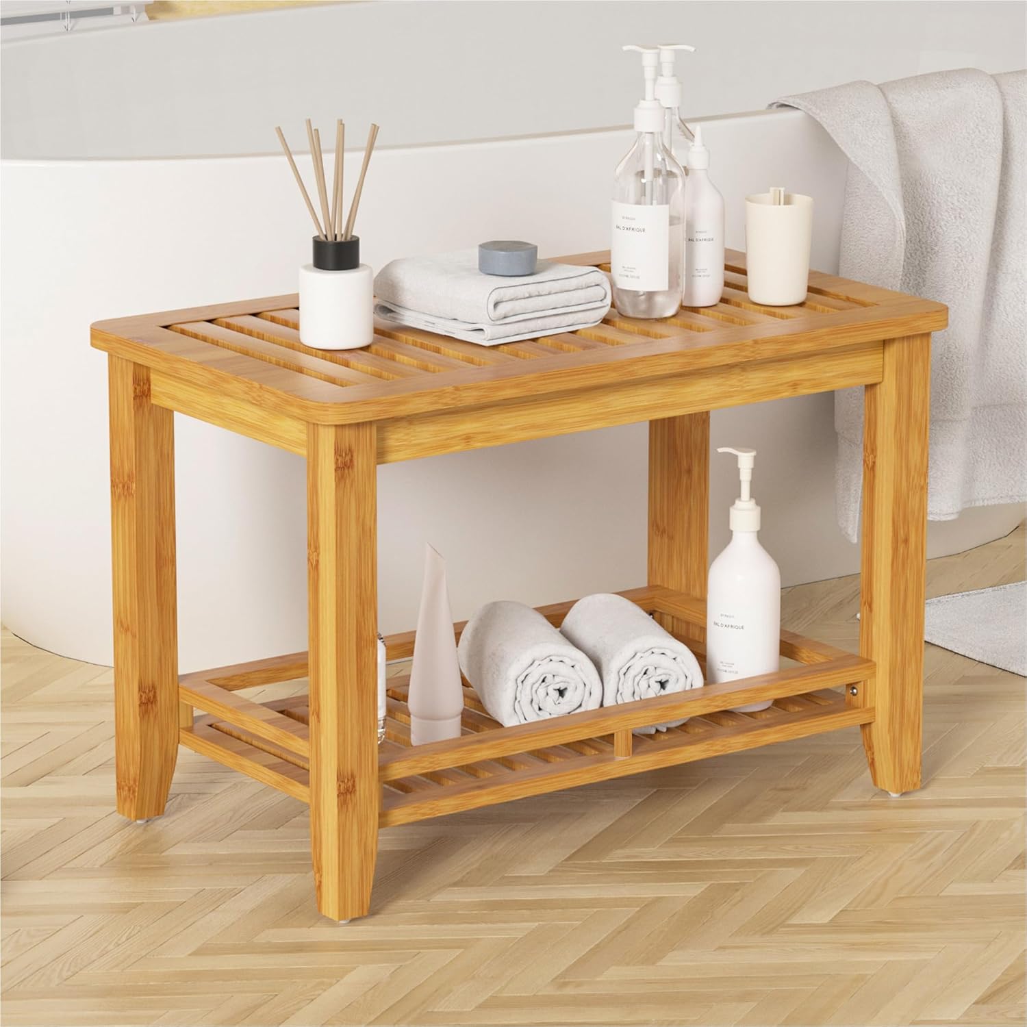 Bamboo Shower Bench Stool Bathroom Shower Chair Seat with Storage Shelf Spa Bath Foot Rest for Insider Shower Bathtub Elderly and Disabled Natural